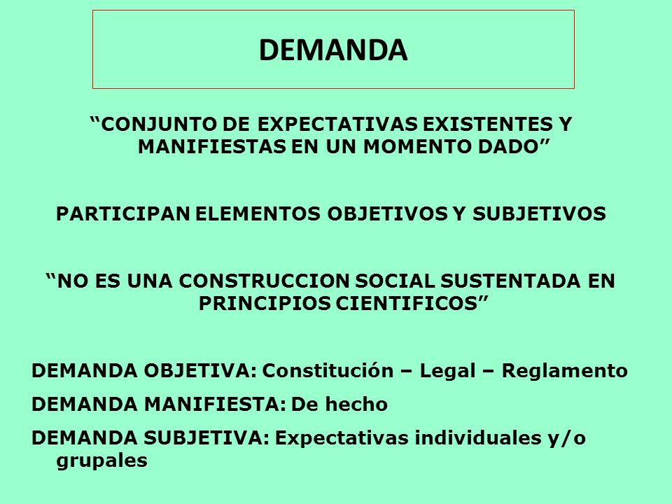 DEMANDA CONJUNTO DE EXPECTATIVAS EXISTENTES Y MANIFIESTAS EN UN MOMENTO DADO PARTICIPAN ELEMENTOS OBJETIVOS Y SUBJETIVOS.