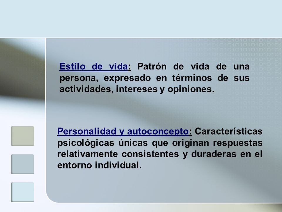 Estilo de vida: Patrón de vida de una persona, expresado en términos de sus actividades, intereses y opiniones.