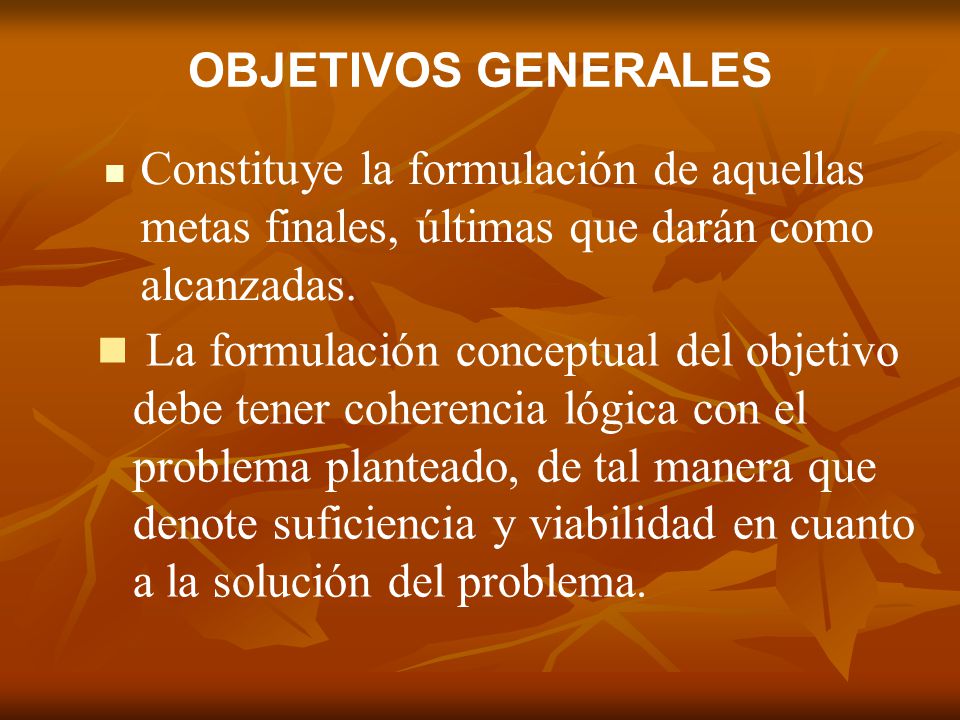 OBJETIVOS GENERALES Constituye la formulación de aquellas metas finales, últimas que darán como alcanzadas.