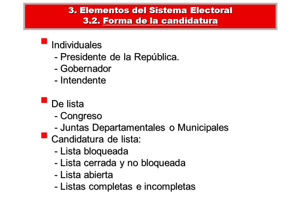 3. Elementos del Sistema Electoral 3.2. Forma de la candidatura