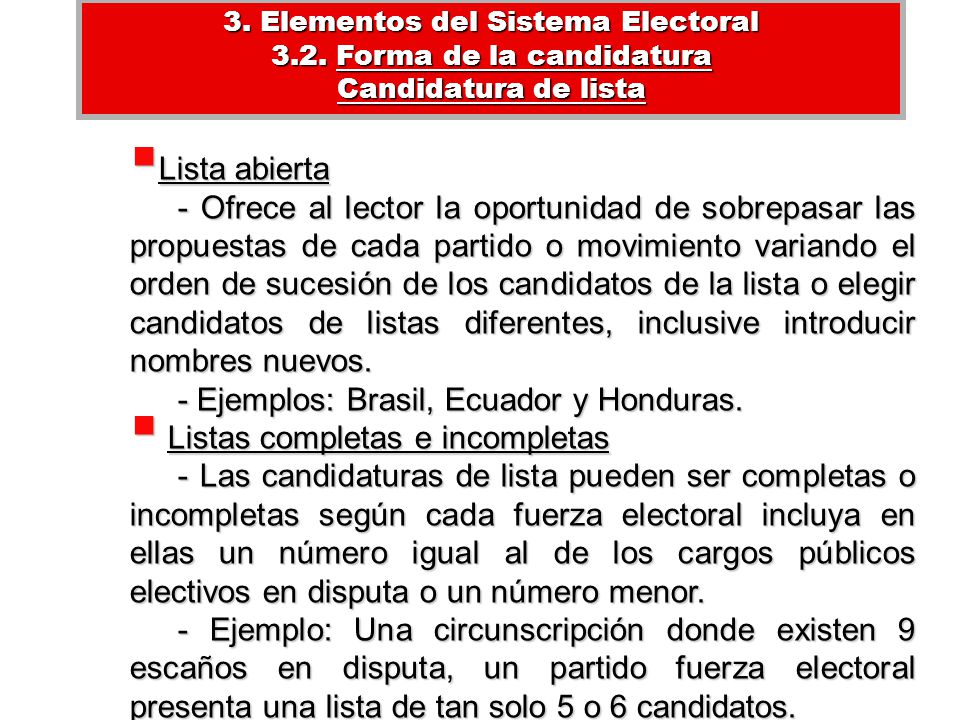 3. Elementos del Sistema Electoral 3.2. Forma de la candidatura