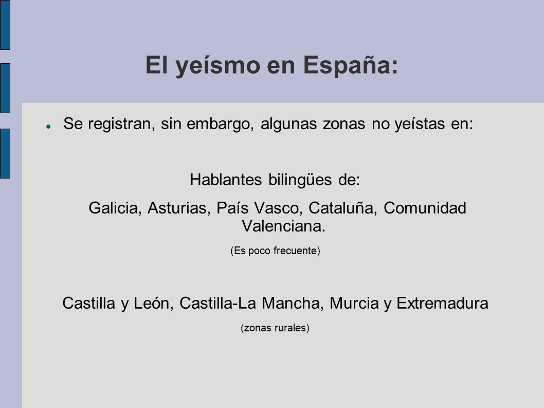 El yeísmo en España: Se registran, sin embargo, algunas zonas no yeístas en: Hablantes bilingües de: