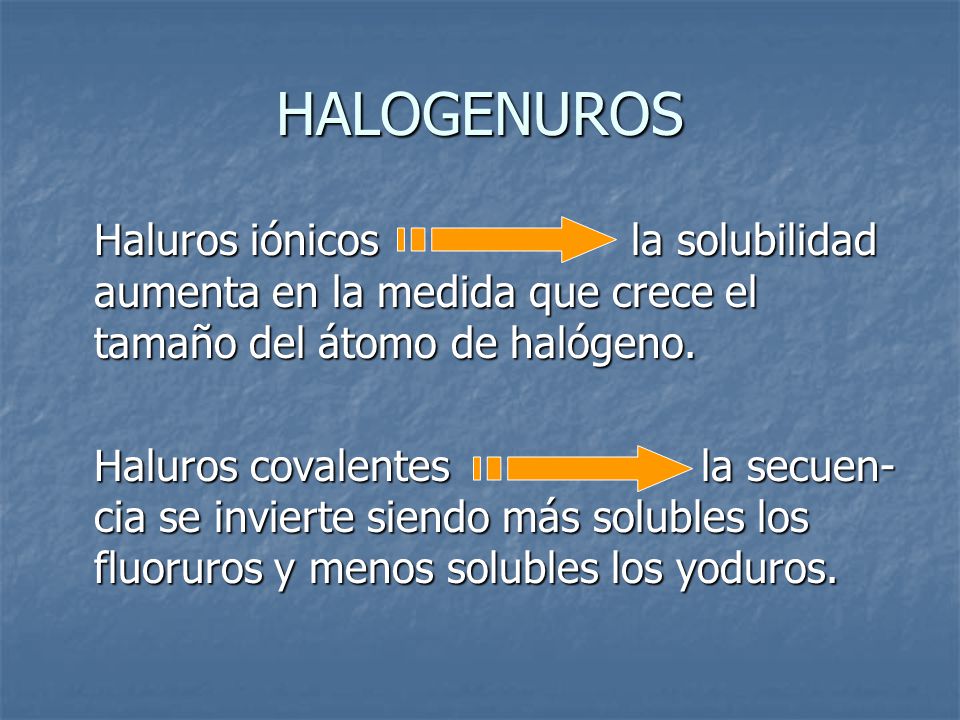 HALOGENUROS Haluros iónicos la solubilidad aumenta en la medida que crece el tamaño del átomo de halógeno.