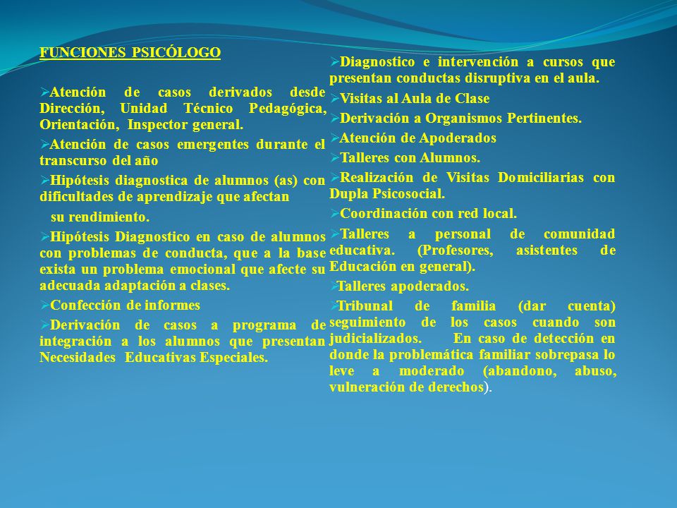 FUNCIONES PSICÓLOGO Diagnostico e intervención a cursos que presentan conductas disruptiva en el aula.