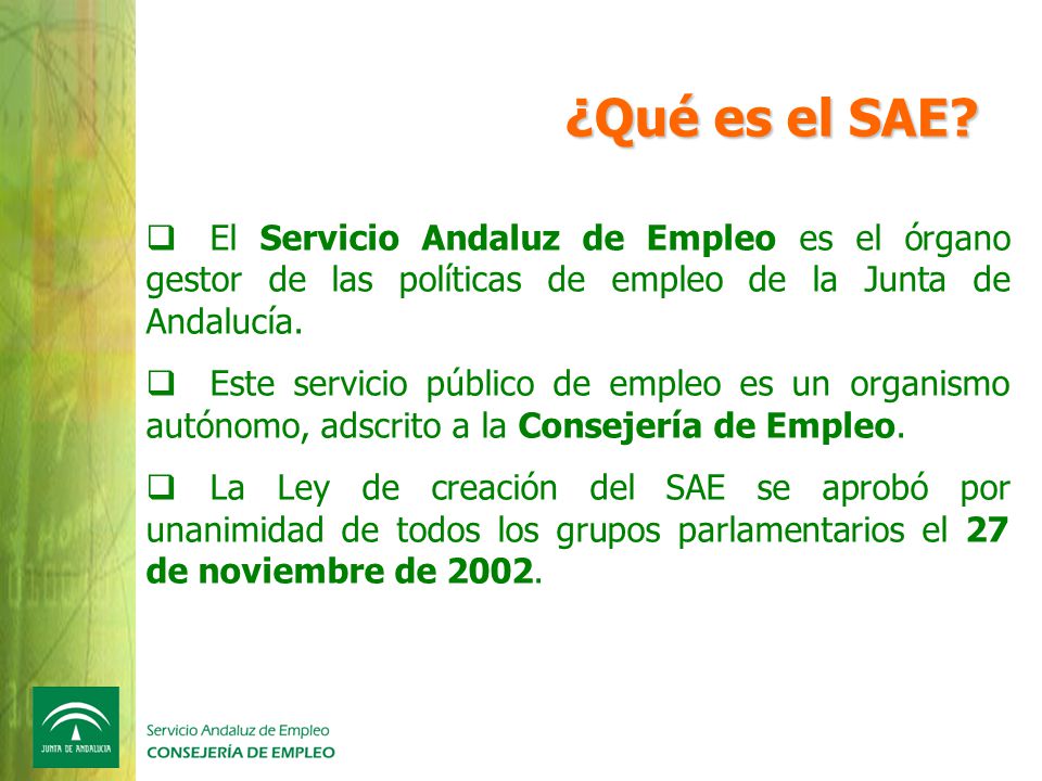 ¿Qué es el SAE El Servicio Andaluz de Empleo es el órgano gestor de las políticas de empleo de la Junta de Andalucía.