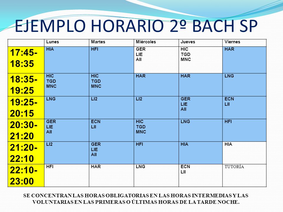 EJEMPLO HORARIO 2º BACH SP