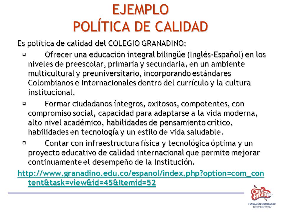 EJEMPLO POLÍTICA DE CALIDAD