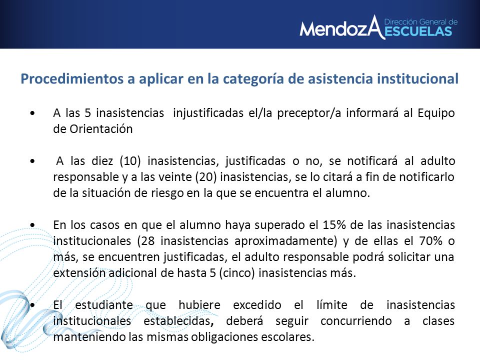 Procedimientos a aplicar en la categoría de asistencia institucional