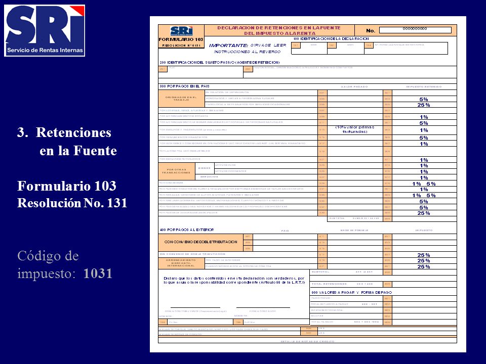 3. Retenciones en la Fuente Formulario 103 Código de impuesto: 1031