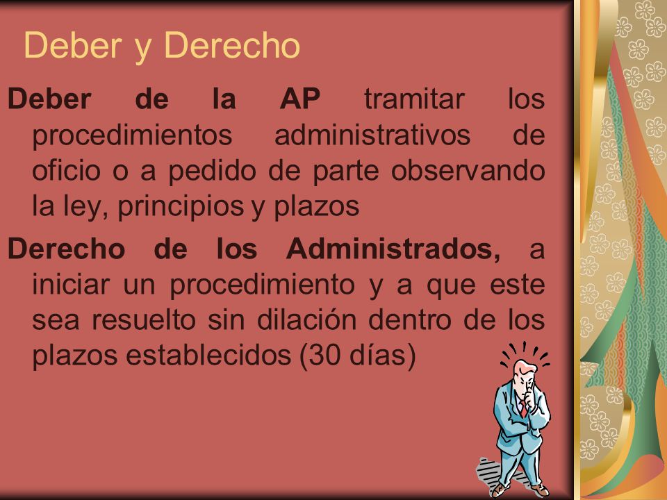 Deber y Derecho Deber de la AP tramitar los procedimientos administrativos de oficio o a pedido de parte observando la ley, principios y plazos.