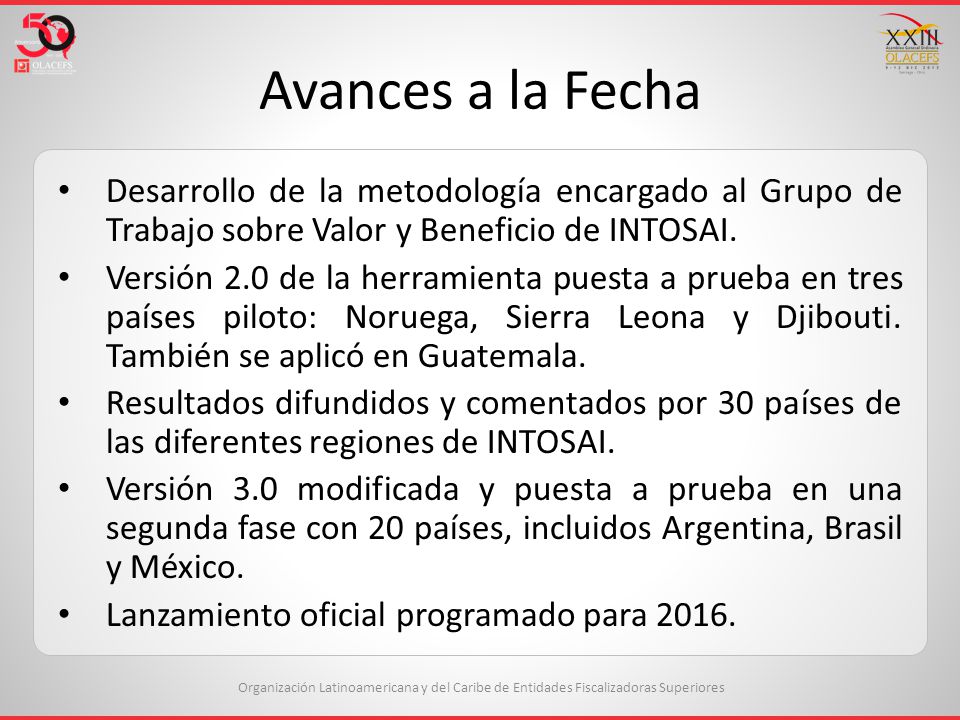 Avances a la Fecha Desarrollo de la metodología encargado al Grupo de Trabajo sobre Valor y Beneficio de INTOSAI.