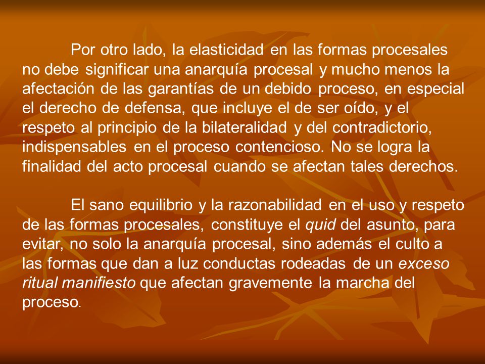 Por otro lado, la elasticidad en las formas procesales no debe significar una anarquía procesal y mucho menos la afectación de las garantías de un debido proceso, en especial el derecho de defensa, que incluye el de ser oído, y el respeto al principio de la bilateralidad y del contradictorio, indispensables en el proceso contencioso. No se logra la finalidad del acto procesal cuando se afectan tales derechos.