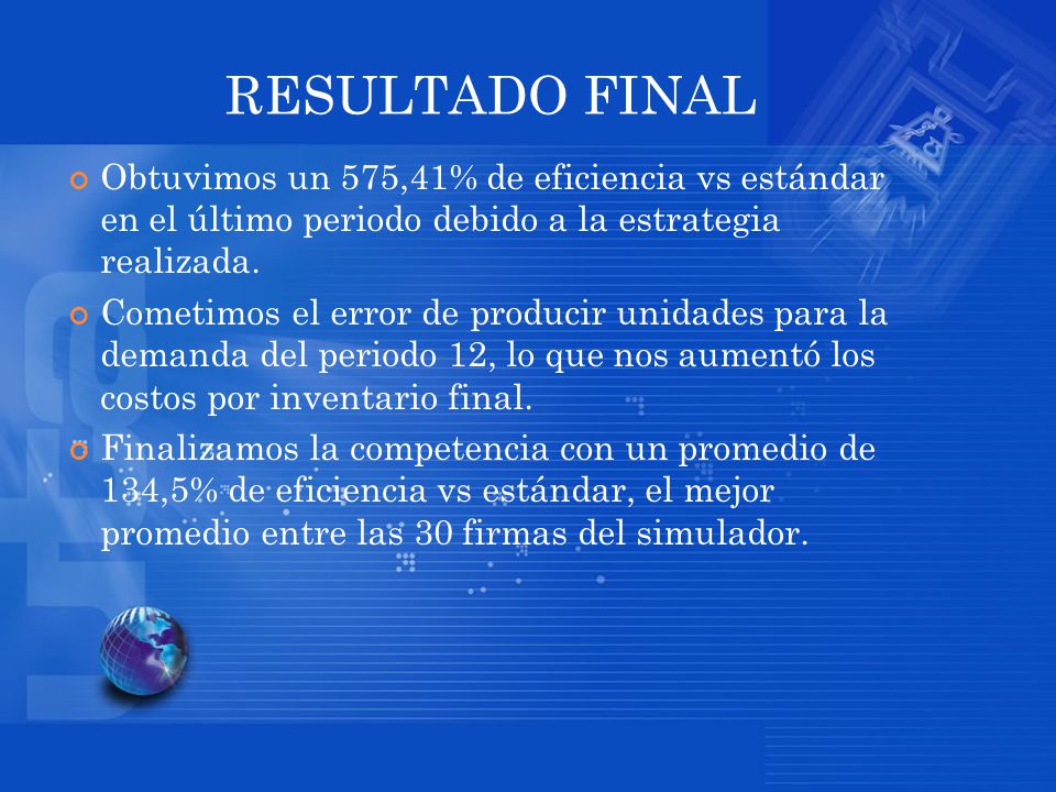 RESULTADO FINAL Obtuvimos un 575,41% de eficiencia vs estándar en el último periodo debido a la estrategia realizada.