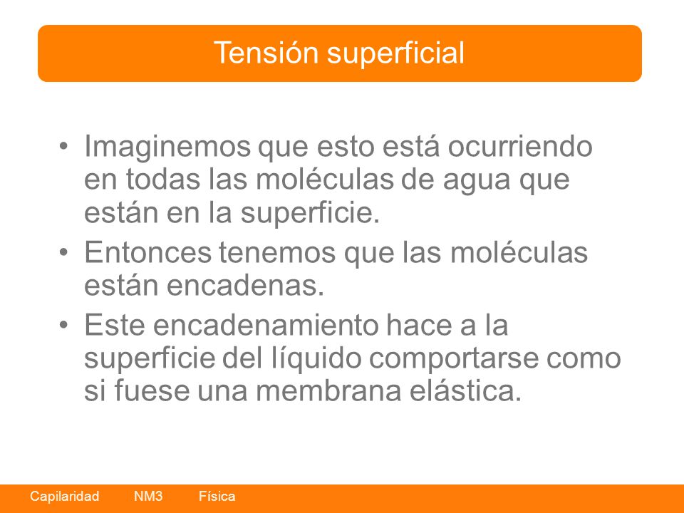 Tensión superficial Imaginemos que esto está ocurriendo en todas las moléculas de agua que están en la superficie.
