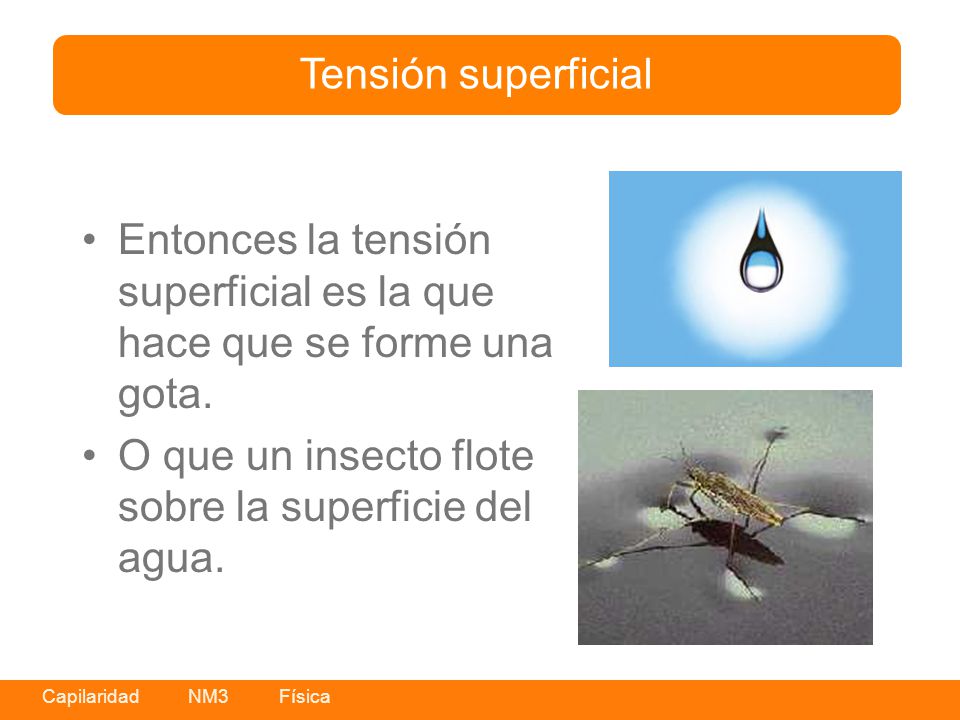 Tensión superficial Entonces la tensión superficial es la que hace que se forme una gota.