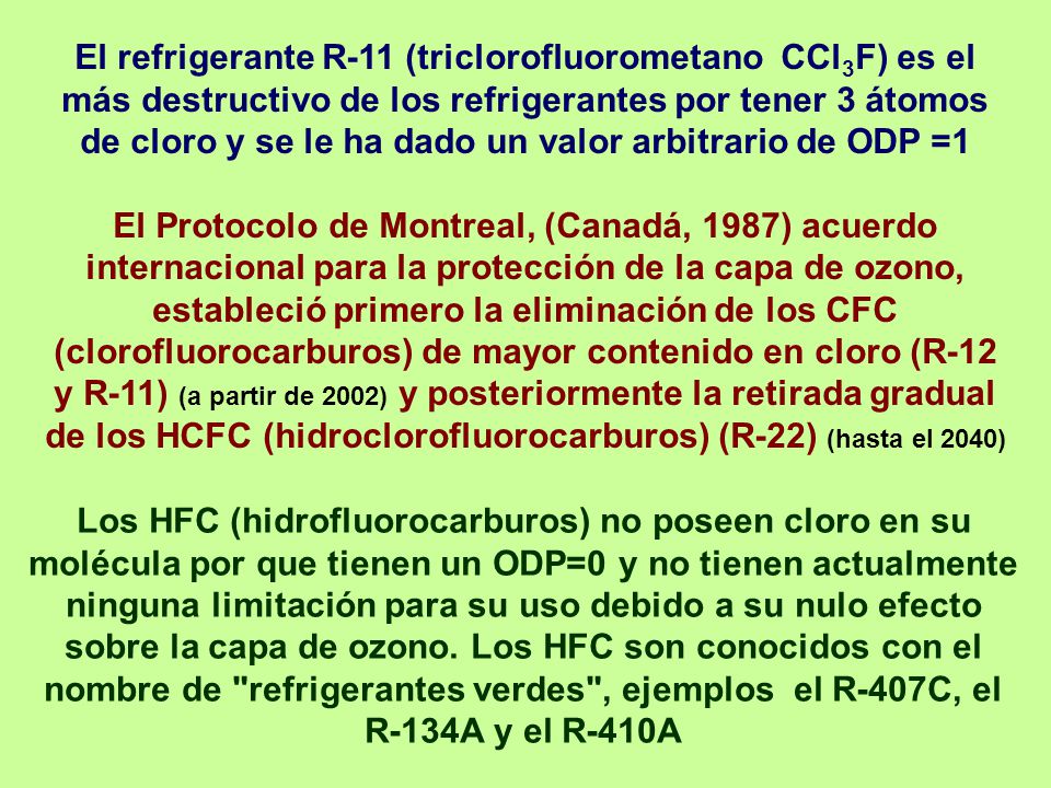 El refrigerante R-11 (triclorofluorometano CCl3F) es el más destructivo de los refrigerantes por tener 3 átomos de cloro y se le ha dado un valor arbitrario de ODP =1