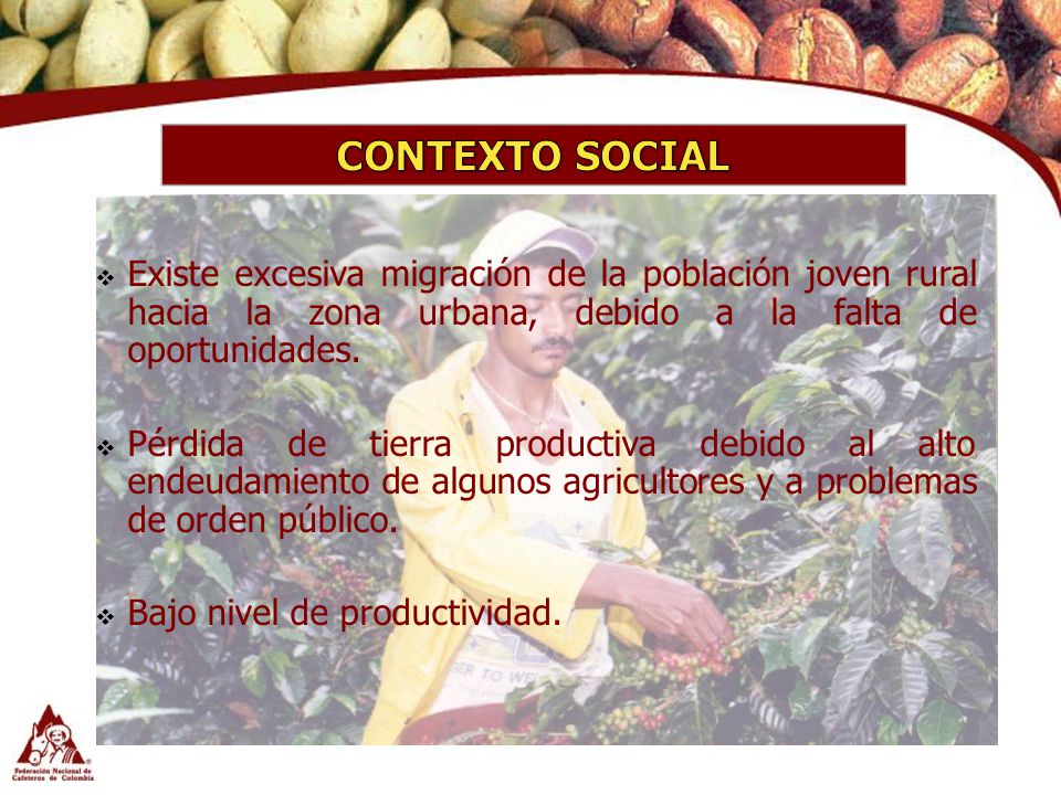 CONTEXTO SOCIAL Existe excesiva migración de la población joven rural hacia la zona urbana, debido a la falta de oportunidades.