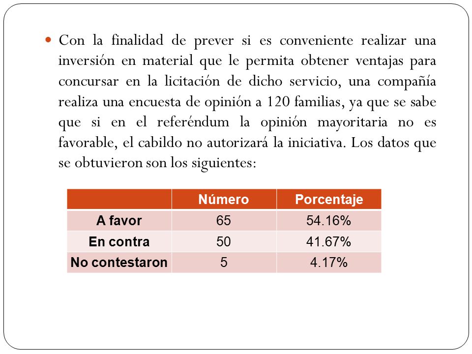 Con la finalidad de prever si es conveniente realizar una inversión en material que le permita obtener ventajas para concursar en la licitación de dicho servicio, una compañía realiza una encuesta de opinión a 120 familias, ya que se sabe que si en el referéndum la opinión mayoritaria no es favorable, el cabildo no autorizará la iniciativa. Los datos que se obtuvieron son los siguientes: