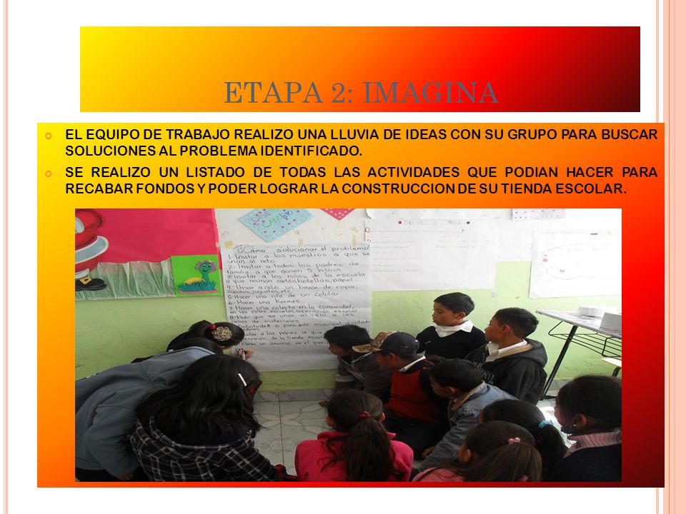 ETAPA 2: IMAGINA EL EQUIPO DE TRABAJO REALIZO UNA LLUVIA DE IDEAS CON SU GRUPO PARA BUSCAR SOLUCIONES AL PROBLEMA IDENTIFICADO.