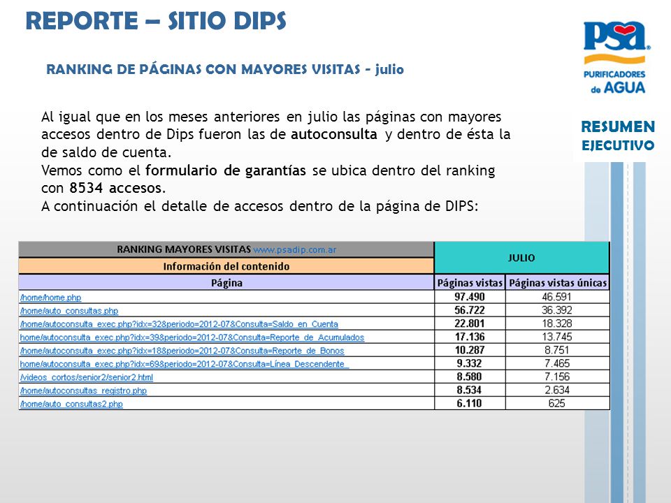 REPORTE – SITIO DIPS RANKING DE PÁGINAS CON MAYORES VISITAS - julio