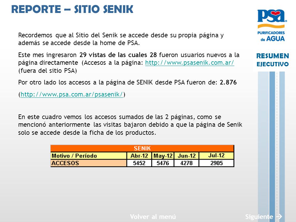 REPORTE – SITIO SENIK Recordemos que al Sitio del Senik se accede desde su propia página y además se accede desde la home de PSA.