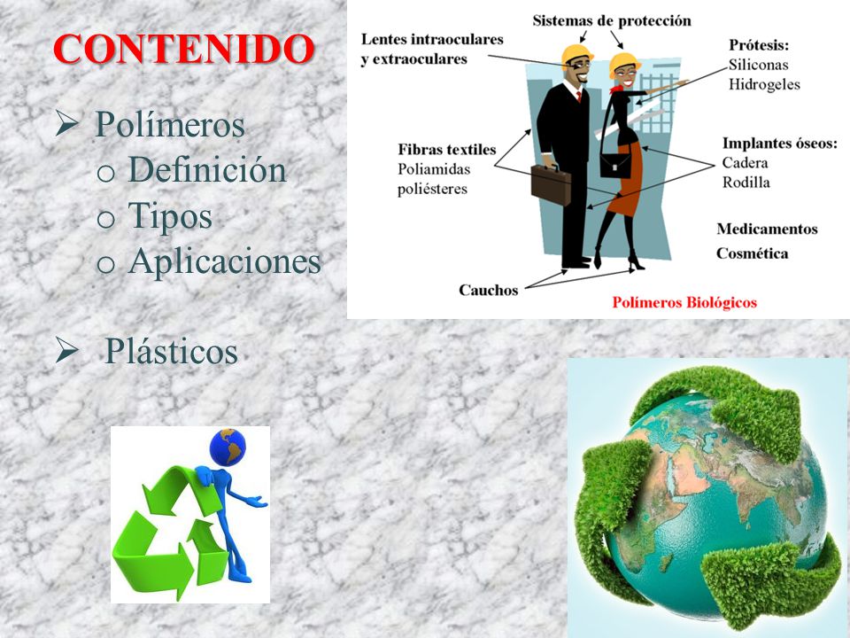 CONTENIDO Polímeros Definición Tipos Aplicaciones Plásticos