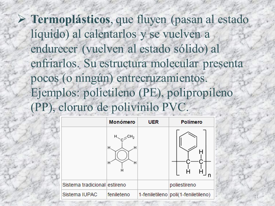Termoplásticos, que fluyen (pasan al estado líquido) al calentarlos y se vuelven a endurecer (vuelven al estado sólido) al enfriarlos.