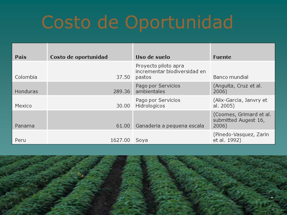 Costo de Oportunidad Pais Costo de oportunidad Uso de suelo Fuente