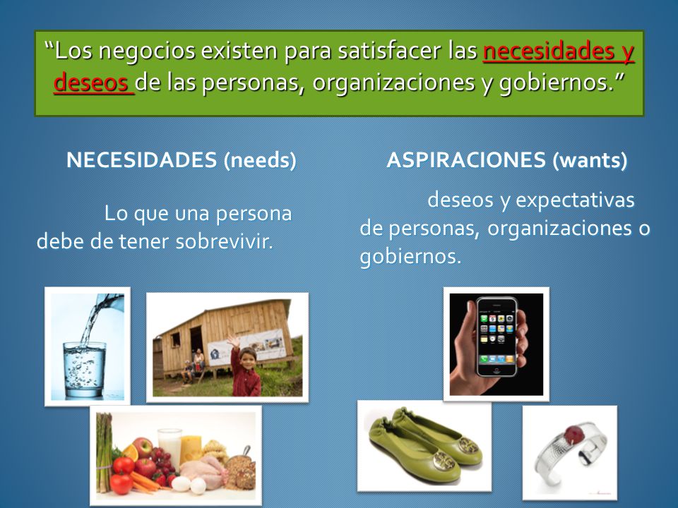 Los negocios existen para satisfacer las necesidades y deseos de las personas, organizaciones y gobiernos.