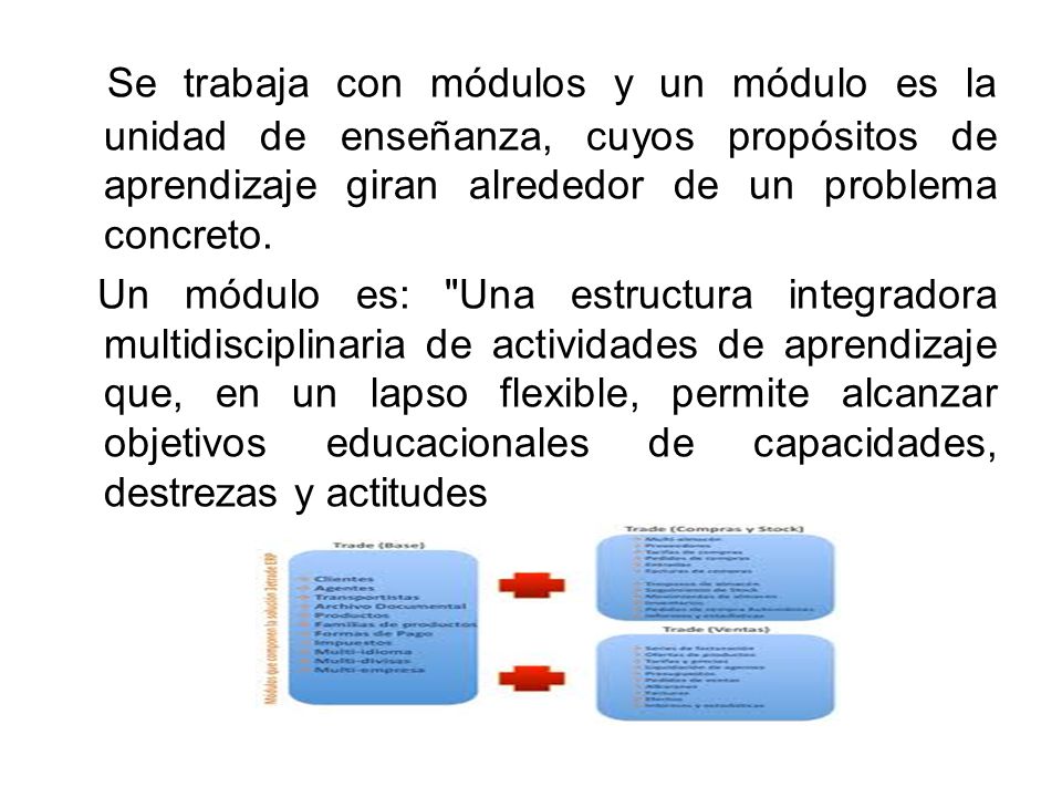 Se trabaja con módulos y un módulo es la unidad de enseñanza, cuyos propósitos de aprendizaje giran alrededor de un problema concreto.