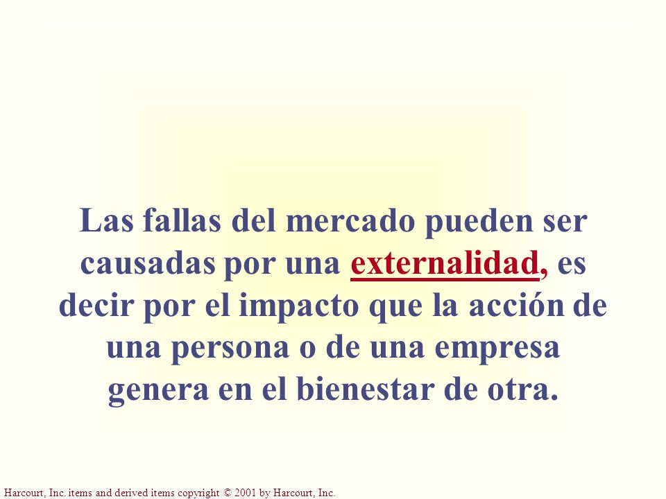 Las fallas del mercado pueden ser causadas por una externalidad, es decir por el impacto que la acción de una persona o de una empresa genera en el bienestar de otra.
