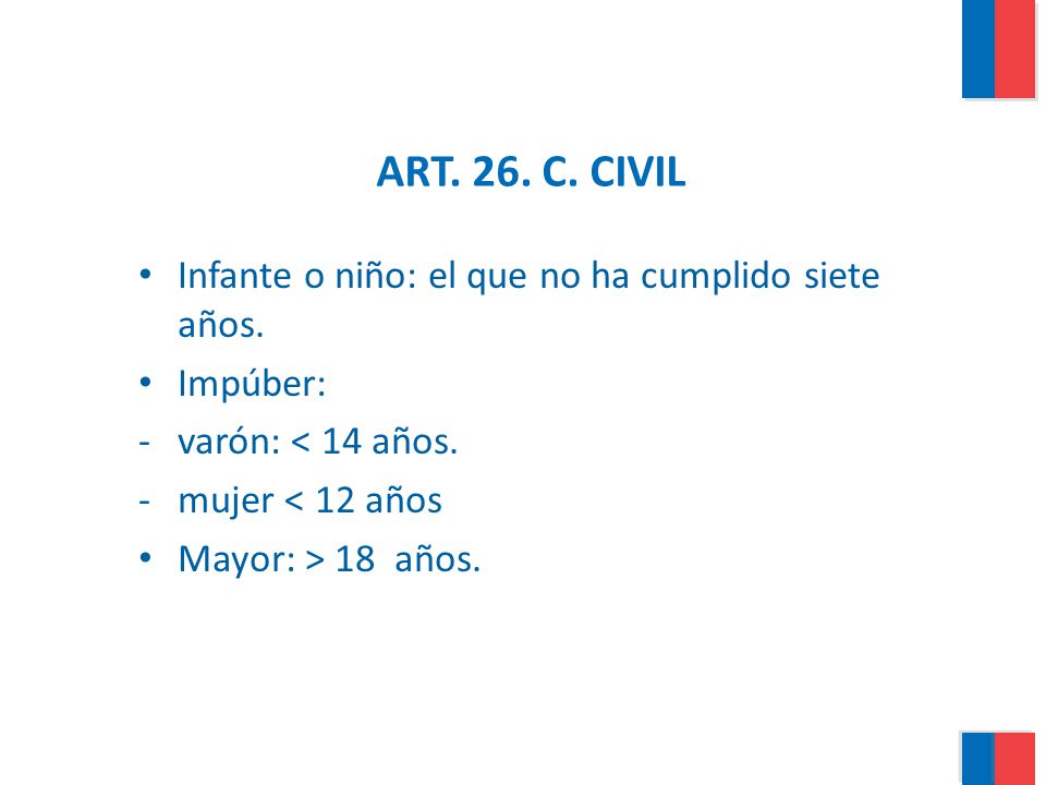 ART. 26. C. CIVIL Infante o niño: el que no ha cumplido siete años.