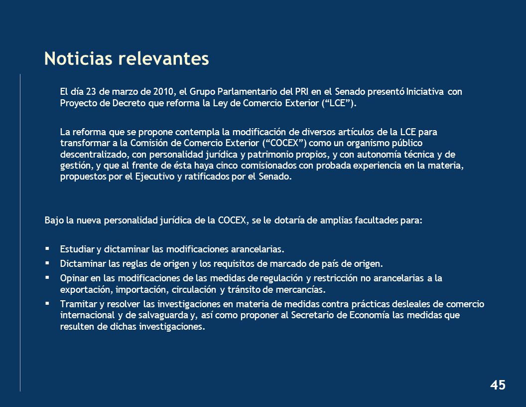Noticias relevantes Iniciativa de Reforma a la Ley de Comercio Exterior