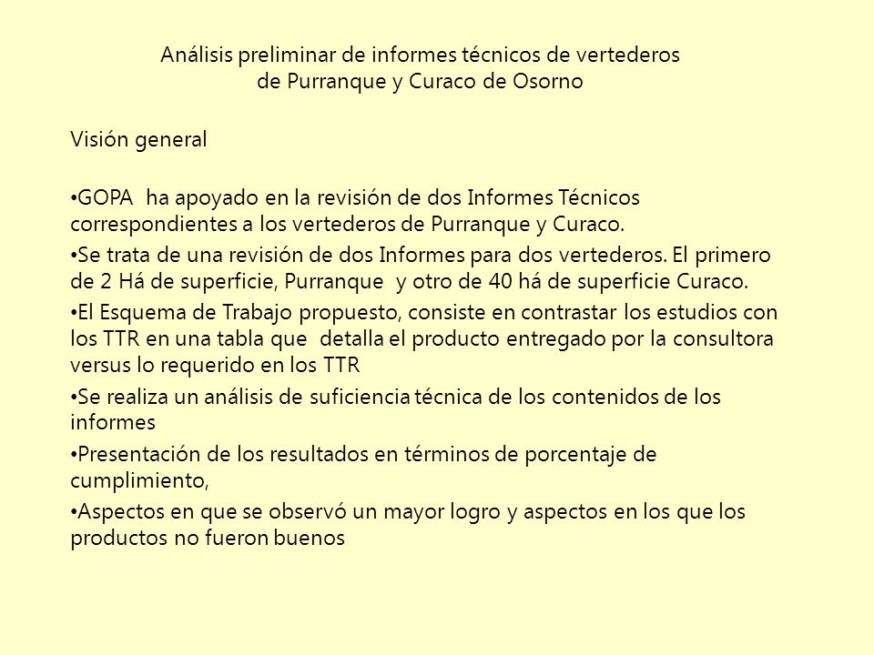 Análisis preliminar de informes técnicos de vertederos de Purranque y Curaco de Osorno