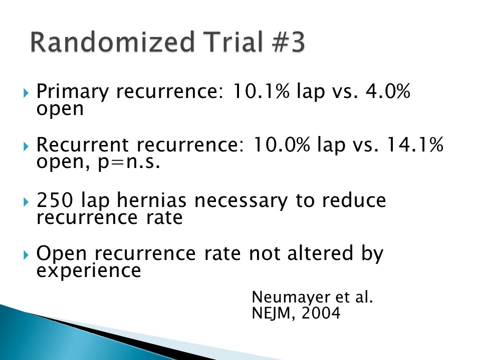 Randomized Trial #3 Primary recurrence: 10.1% lap vs. 4.0% open