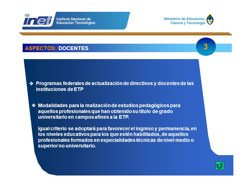 3 ASPECTOS: DOCENTES. Programas federales de actualización de directivos y docentes de las instituciones de ETP.