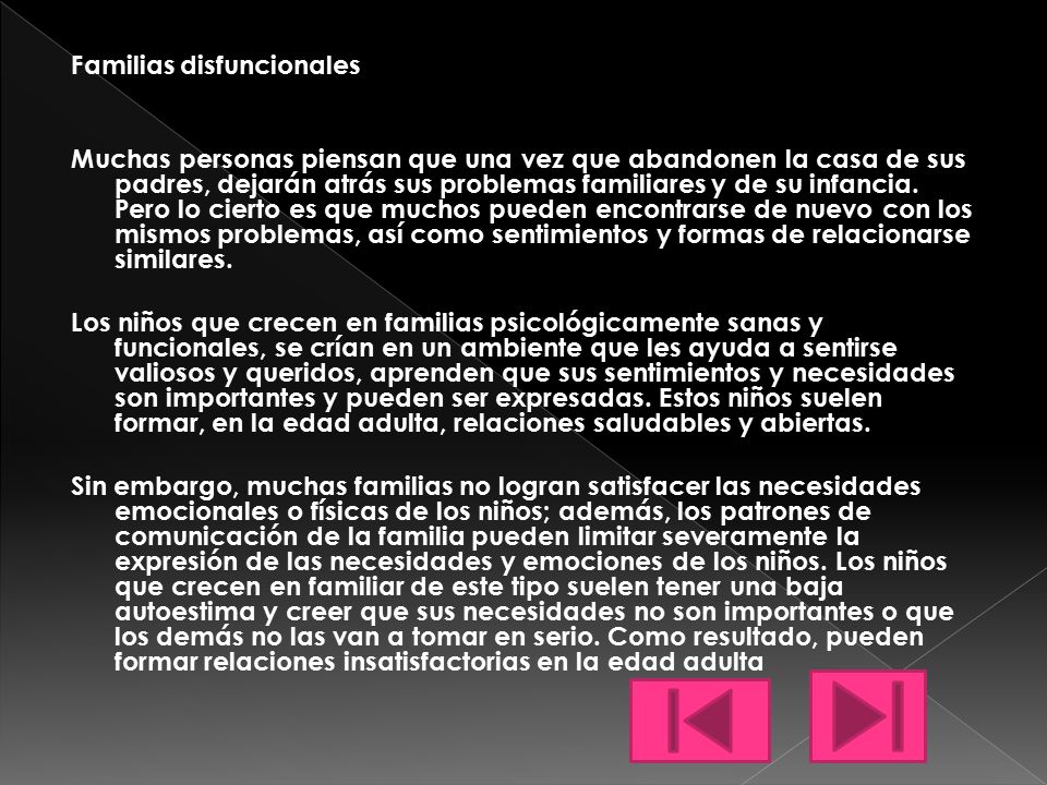 Familias disfuncionales Muchas personas piensan que una vez que abandonen la casa de sus padres, dejarán atrás sus problemas familiares y de su infancia.