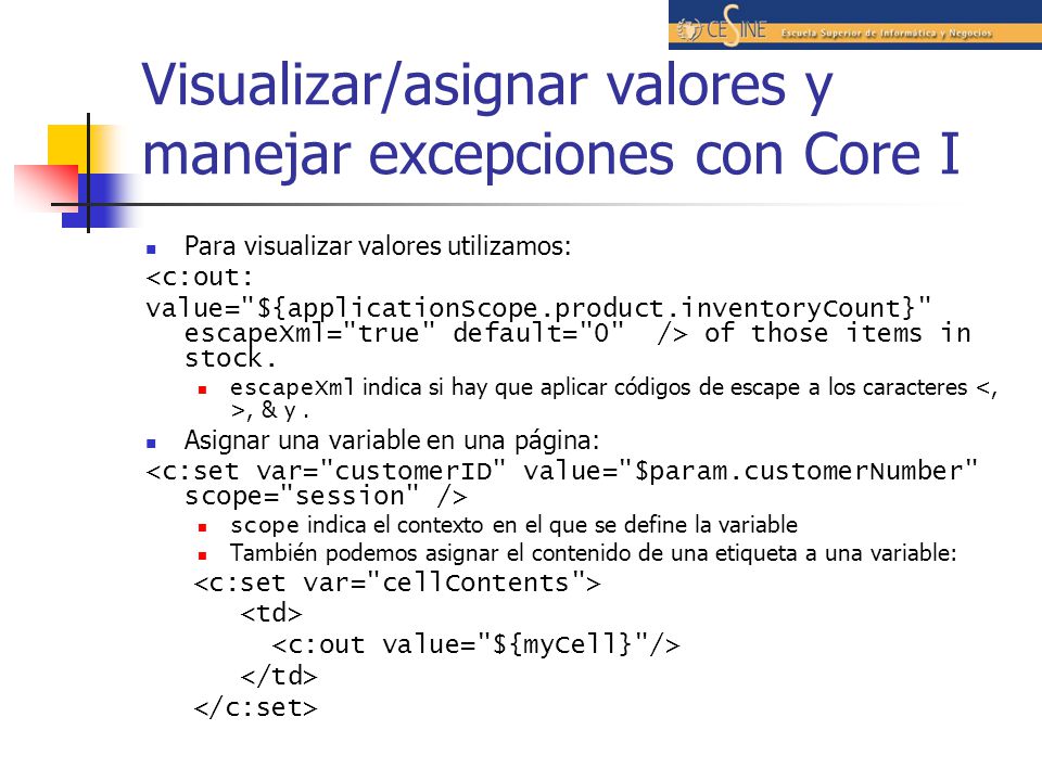 Visualizar/asignar valores y manejar excepciones con Core I