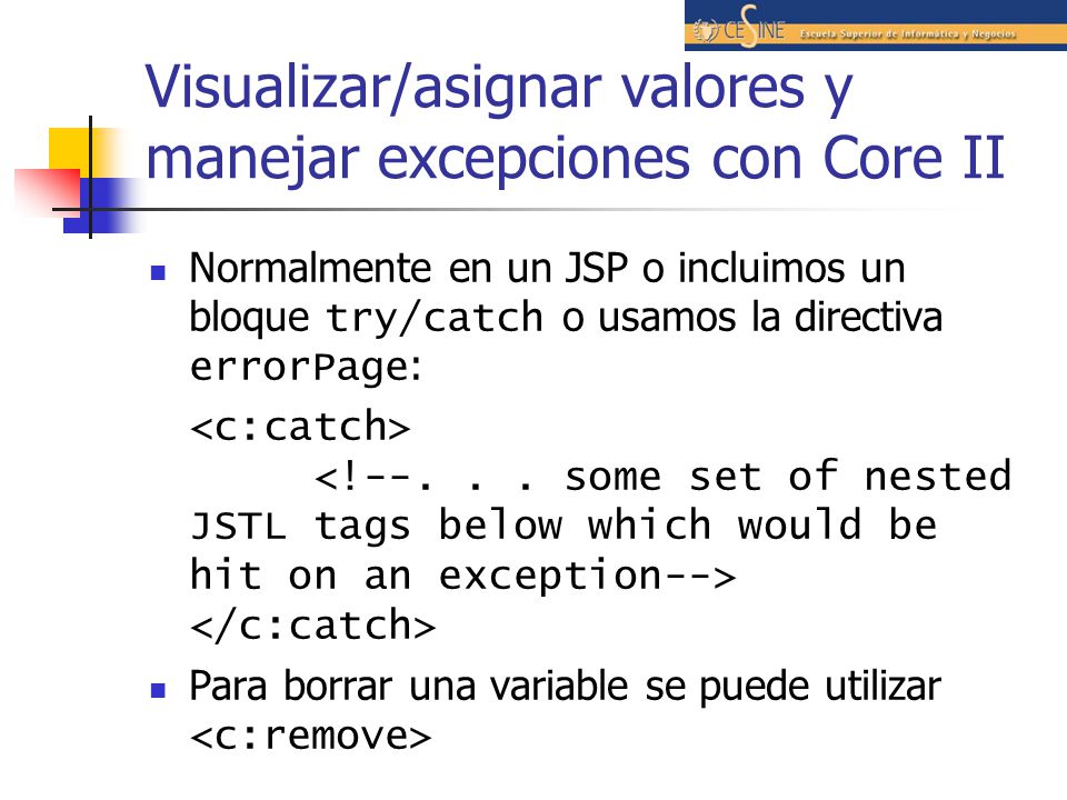 Visualizar/asignar valores y manejar excepciones con Core II