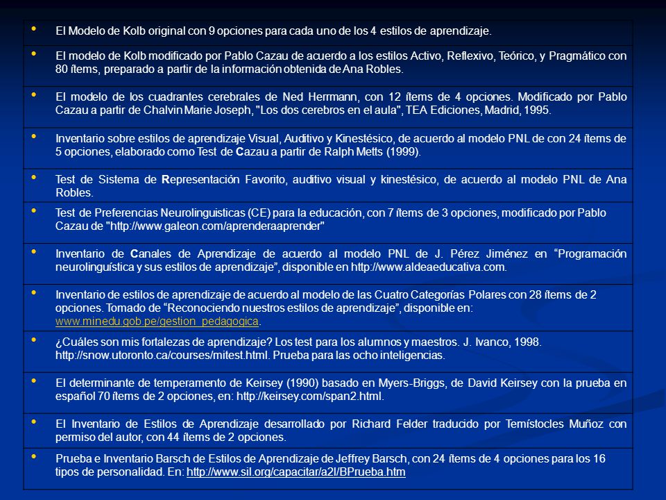 El Modelo de Kolb original con 9 opciones para cada uno de los 4 estilos de aprendizaje.