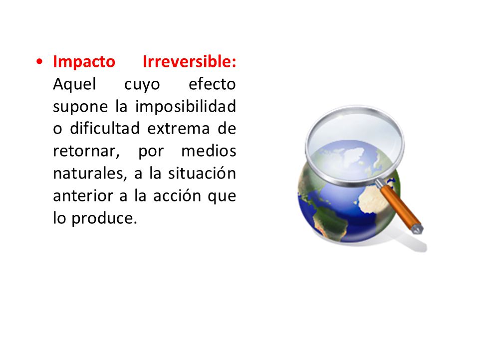 Impacto Irreversible: Aquel cuyo efecto supone la imposibilidad o dificultad extrema de retornar, por medios naturales, a la situación anterior a la acción que lo produce.