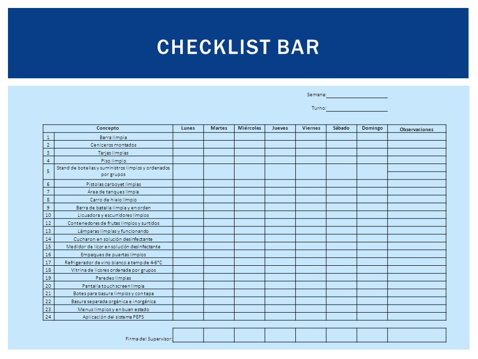 Checklist bar Semana: Turno: Concepto Lunes Martes Miércoles Jueves