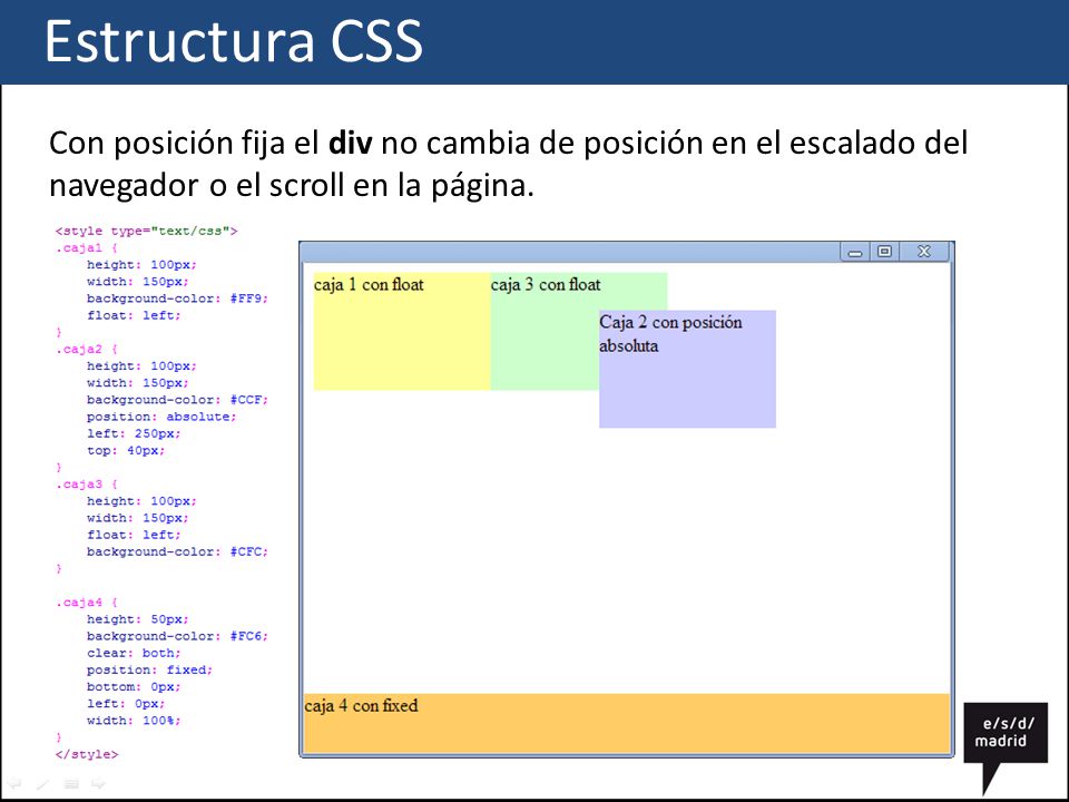 Estructura CSS Con posición fija el div no cambia de posición en el escalado del navegador o el scroll en la página.