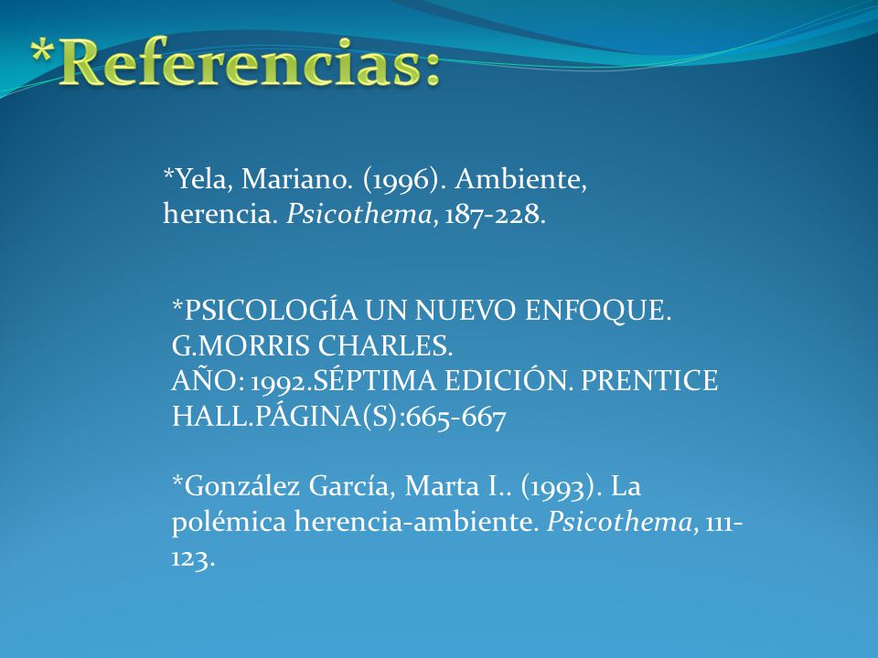 *Referencias: *Yela, Mariano. (1996). Ambiente, herencia. Psicothema, *PSICOLOGÍA UN NUEVO ENFOQUE. G.MORRIS CHARLES.