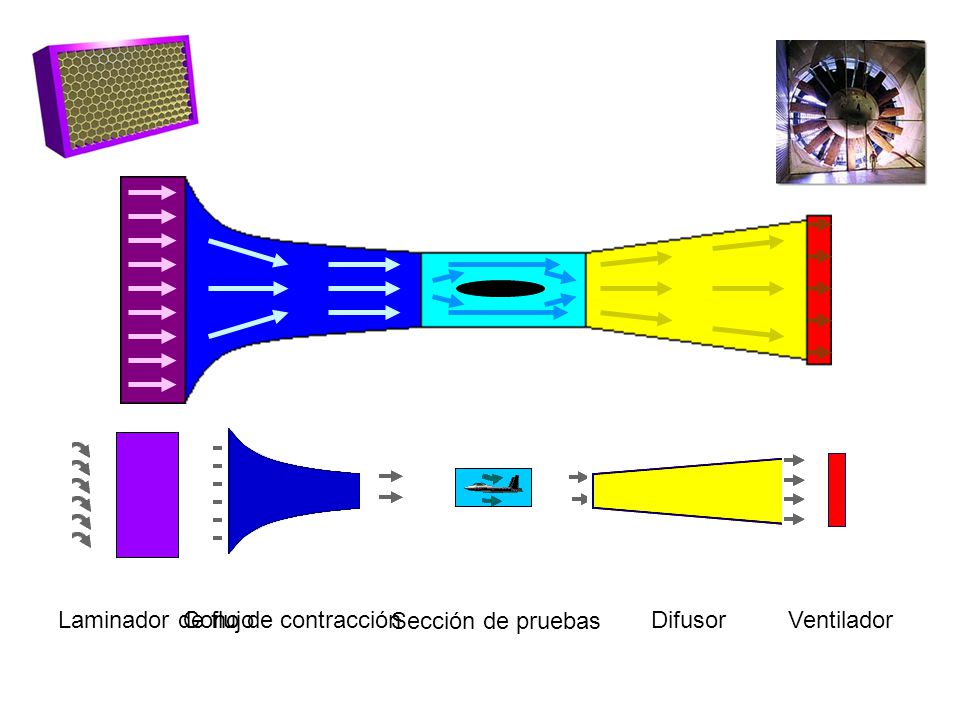 Laminador de flujo Cono de contracción Sección de pruebas Difusor Ventilador