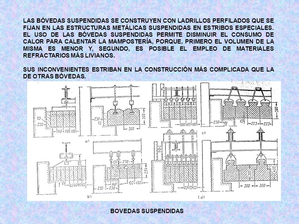 LAS BÓVEDAS SUSPENDIDAS SE CONSTRUYEN CON LADRILLOS PERFILADOS QUE SE FIJAN EN LAS ESTRUCTURAS METÁLICAS SUSPENDIDAS EN ESTRIBOS ESPECIALES. EL USO DE LAS BÓVEDAS SUSPENDIDAS PERMITE DISMINUIR EL CONSUMO DE CALOR PARA CALENTAR LA MAMPOSTERÍA, PORQUE, PRIMERO EL VOLUMEN DE LA MISMA ES MENOR Y, SEGUNDO, ES POSIBLE EL EMPLEO DE MATERIALES REFRACTARIOS MÁS LIVIANOS.
