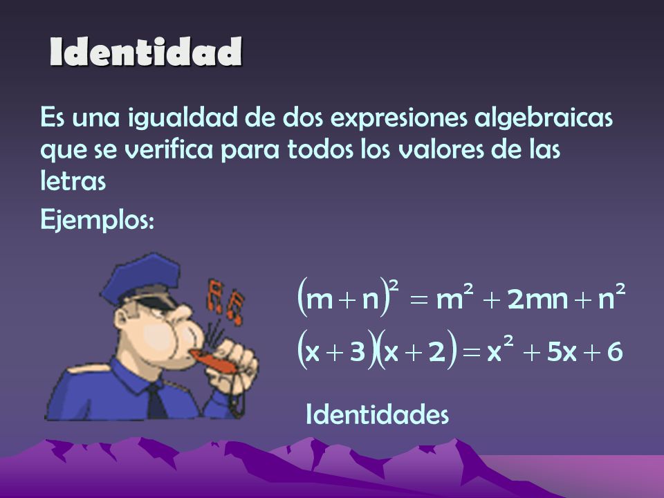 Identidad Es una igualdad de dos expresiones algebraicas que se verifica para todos los valores de las letras.