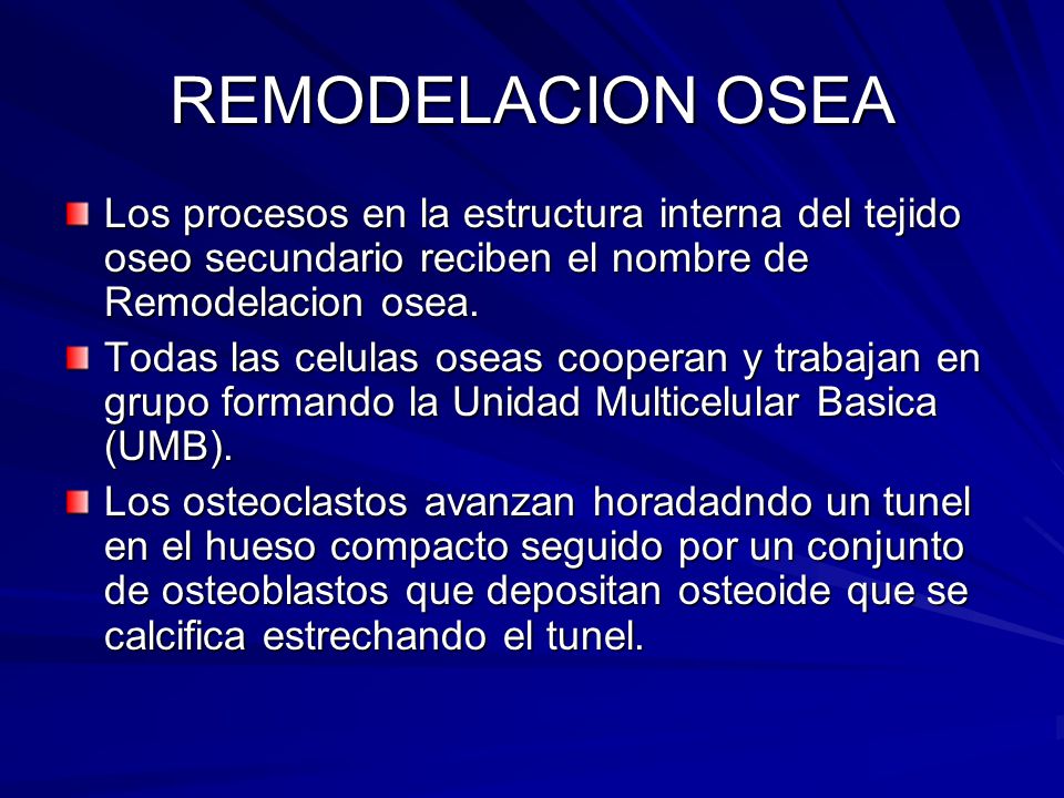 REMODELACION OSEA Los procesos en la estructura interna del tejido oseo secundario reciben el nombre de Remodelacion osea.