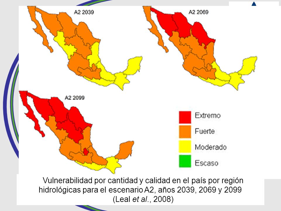 Vulnerabilidad por cantidad y calidad en el país por región hidrológicas para el escenario A2, años 2039, 2069 y 2099