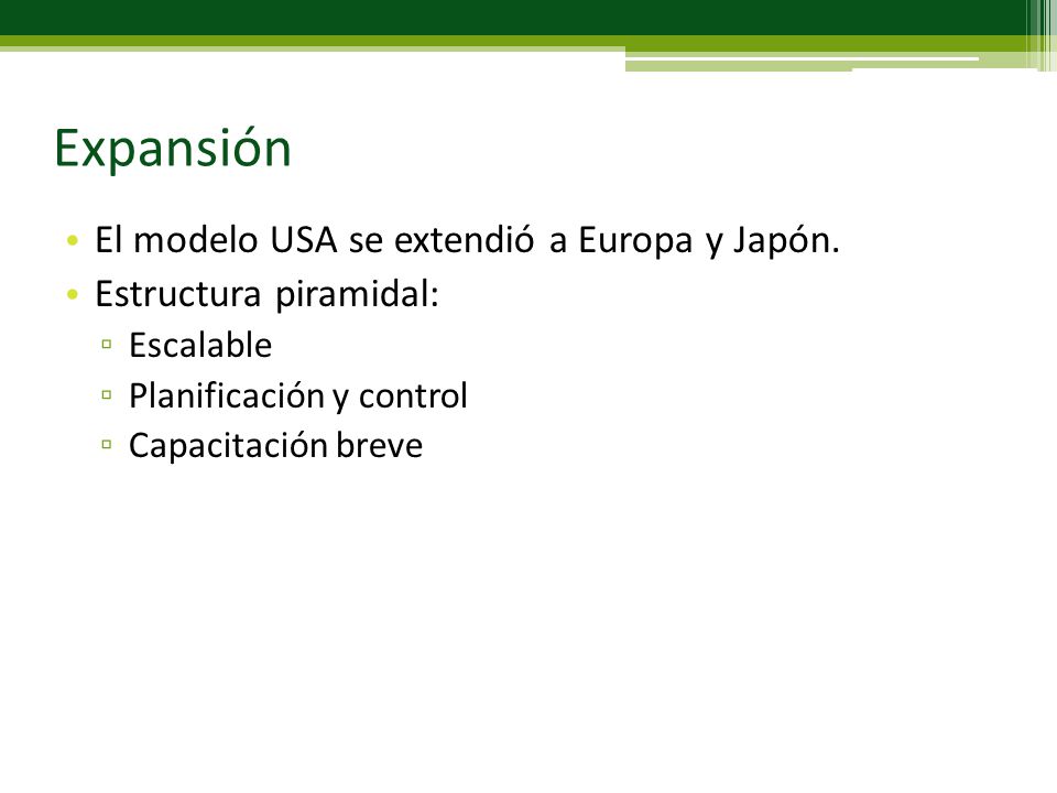 Expansión El modelo USA se extendió a Europa y Japón.